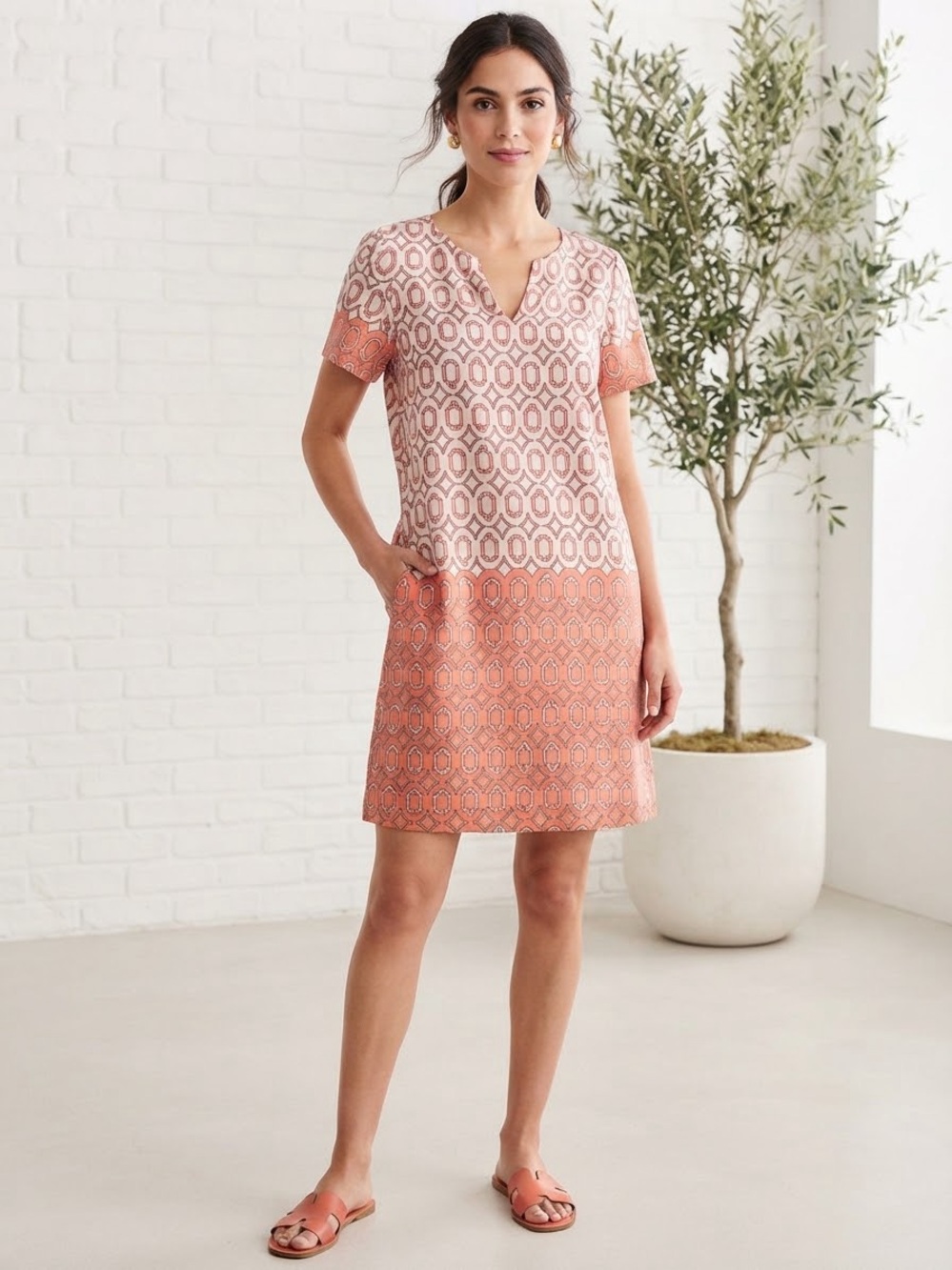 Under Skies (Anthropologie) Coral and White Geometric Midi Dress Small